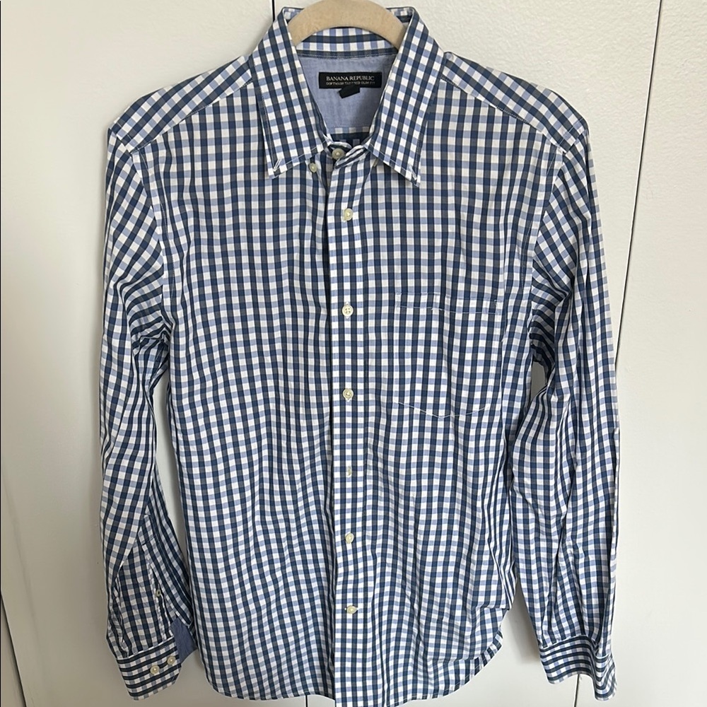 Banana Republic Plaid Blue/White Casual Button Down Slim Fit Shirt Size Medium